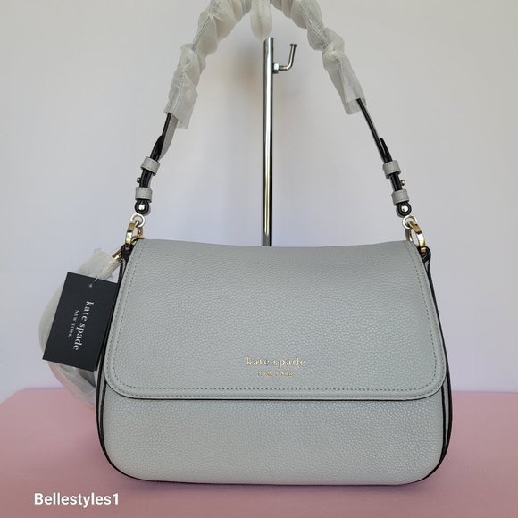 KATE SPADE Hudson Pebbled Leather Medium Flap Convertible Shoulder Bag-Platinum - Picture 1 of 16